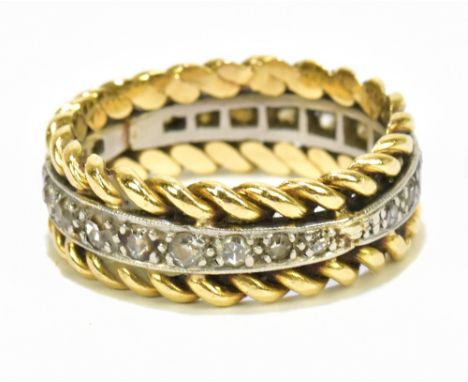 An unmarked yellow metal twisted rope style diamond band full eternity ring set with brilliant cut diamonds, size M.Additiona