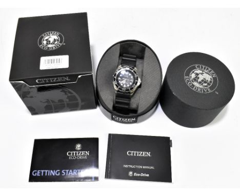 CITIZEN; a gentleman's Eco-Drive diver's 300m stainless steel wristwatch, with rubber bracelet, inner and outer box, with som