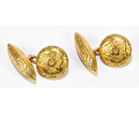 A pair of 15ct yellow gold cufflinks, engraved with floral detail to the domed platforms and with chain link torpedo backs, a