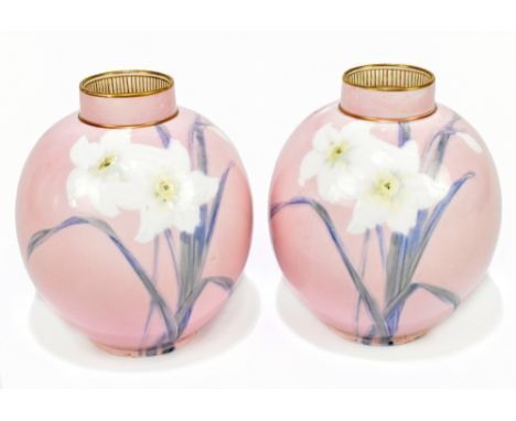 JOHN KELSALL FOR DOULTON BURSLEM; a pair of Hyperion Ware bulbous vases with floral sprays on a pastel pink ground, one examp