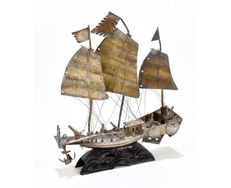 A Chinese white metal and silver plated model of a three masted boat, in carved wooden stand, height 17.5cm.Additional Inform