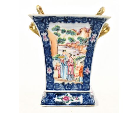 A late 18th century Chinese Export Famille Rose bough pot and cover of square trumpet form painted in enamels with figures in