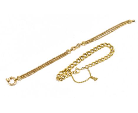 A 9ct yellow gold curb link bracelet with bolt ring clasp and safety chain, length 18cm, approx. 14.37g, and a 9ct yellow gol