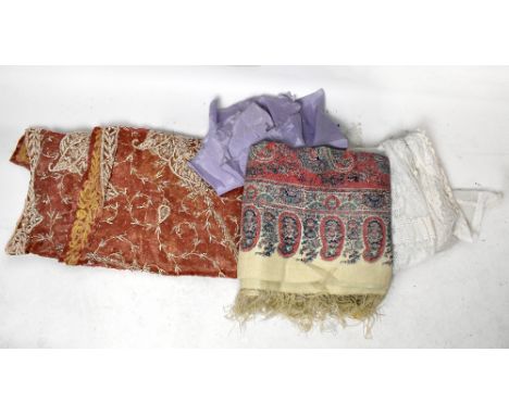 A vintage large heavy embroidered pink bedspread, decorated with cream beads, sequins and decorative stitching, 100 x 80", a 