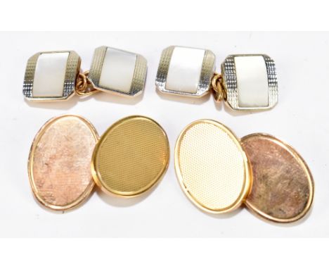 A pair of 9ct yellow gold oval cufflinks with vacant panels and a pair of 9ct yellow gold cufflinks overlaid with mother of p