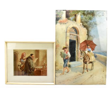 E. GERLY; watercolour, man playing accordion while female rides a donkey, with a further watercolour, largest 67 x 46cm, the 