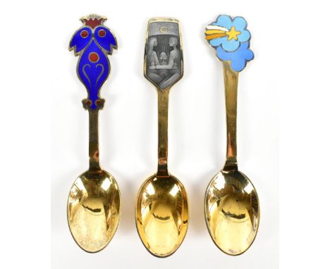 GEORG JENSEN; three silver and enamel decorated spoons, 1973, 1974 and 1975, length approx. 16cm, combined approx. 4.6ozt/143