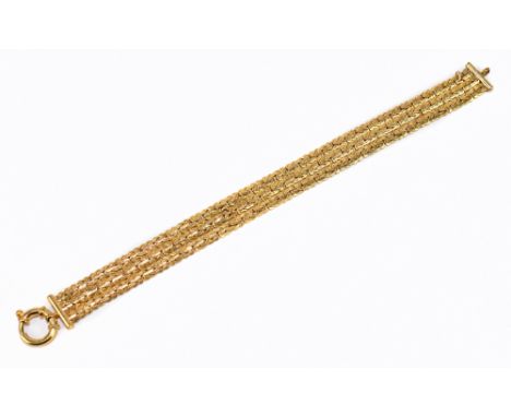 A three row 9ct gold flattened link bracelet, with large bolt ring clasp, length 18cm, approx. 10.5g.&nbsp;