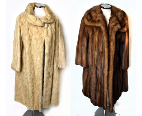 DEANFIELD LONDON; a light brown full length vintage mink coat, 1950s, with large collar, cuffed sleeves, a toggle top button 