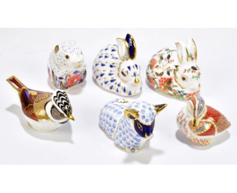 ROYAL CROWN DERBY; six animal form paperweights including Meadow Rabbit, Teal Duckling, Collector's Guild Crested Tit (6).Add