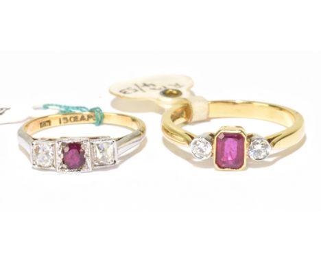 Two 18ct yellow gold diamond and ruby three stone rings, size N and K, combined approx. 4.7g.Additional InformationSurface ab