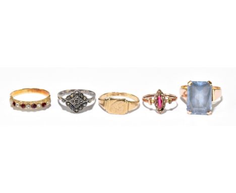 Five assorted dress rings, including a 9ct square signet ring, size P, a 9ct marquise ruby set and seed pearl ring, size K, c