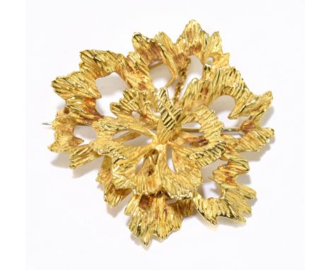 An 18ct yellow gold abstract floral brooch with roller safety catch and safety chain, diameter 4cm, approx 19.3g, with receip