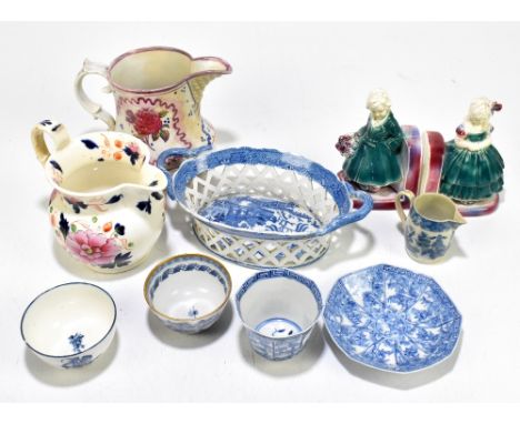 A small collection of 19th century and later ceramics including lustre jug with floral sprays, height 14cm, blue and white ch
