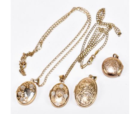 Two 9ct yellow gold chains suspending oval lockets, length of chains 40cm and 42cm, and two further yellow metal lockets, com