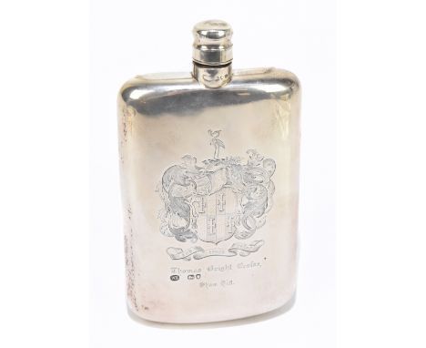 WILLIAM LEUCHARS; a Victorian hallmarked silver hip flask of rectangular form with engraved family crest and motto, inscribed