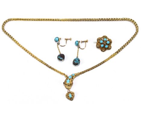 A yellow metal turquoise set serpent head necklace, length 37cm, length of pendant section 30mm, a turquoise set small brooch
