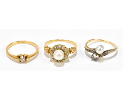 An 18ct yellow gold tiny diamond solitaire ring, size K 1/2, approx. 1.8g, a 14ct yellow gold diamond and cultured pearl cros