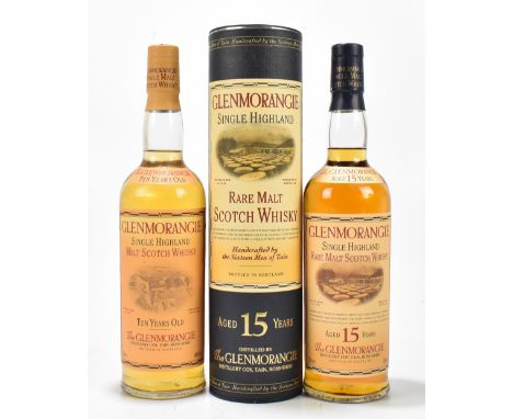 WHISKY; two bottles Glenmorangie single Highland pure malt Scotch whisky comprising aged 15 years, 43%, 70cl, and 10 years ol