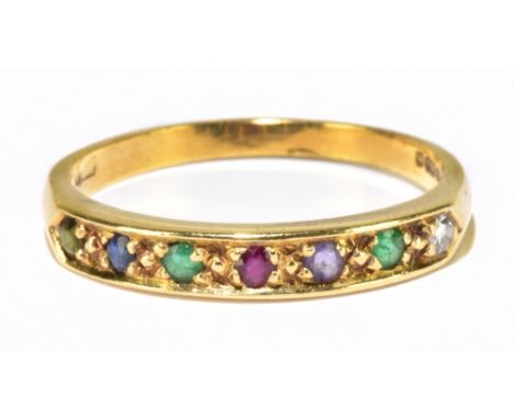 An 18ct yellow gold 'Dearest' ring set in order with diamond, emerald, amethyst, ruby, emerald, sapphire and topaz, size O, a