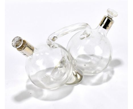 JAMES DEAKIN &amp; SONS; an Edward VII hallmarked silver mounted oil and vinegar bottle, with bulbous clear glass body and ha