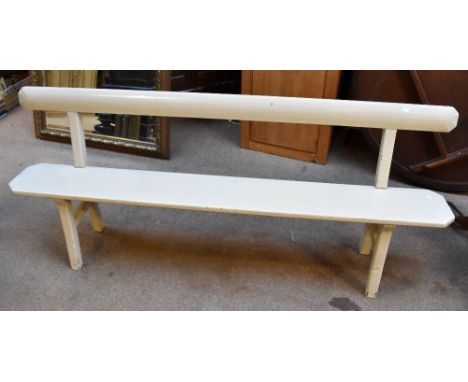 A simple painted wooden bench, length of seat 183.5cm