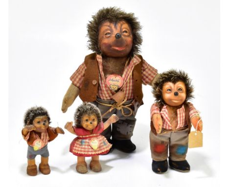 STEIFF; four toys, comprising father Mecki and three smaller including Mucki and Macki, tallest 25cm (4)