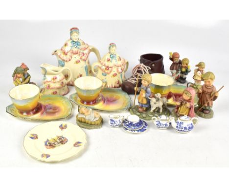 COALPORT; a 'Willow' pattern six piece miniature doll's tea set, with seven Hummel figures, a three piece novelty tea set, th