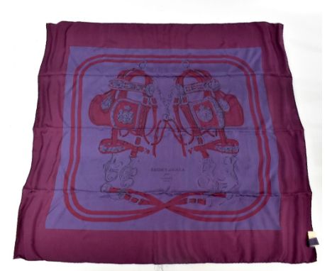 HERMÈS; a 100% silk unused Brides de Gala by Hugo Grygkar aubergine and purple scarf, with original shop tag to corner, in or
