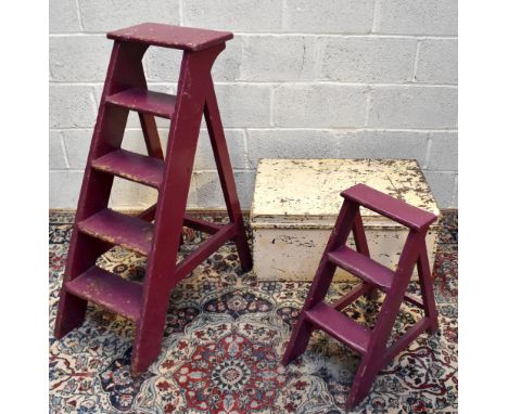 A painted pine rectangular trunk, width 78cm, also two sets of painted ladders (3).