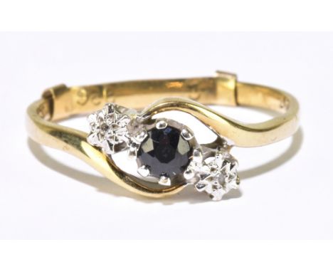 A 9ct diamond and sapphire three stone dress ring, size approx R/S, gross weight 2g