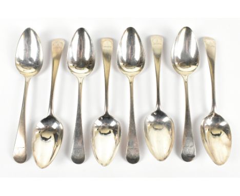 ELEY &amp; FERN; eight George III hallmarked silver Old English pattern dessert spoons, London 1802, each with a matching eng