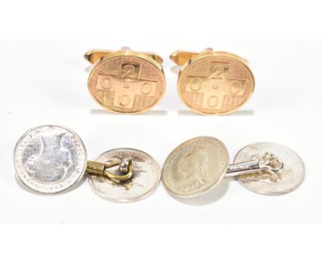 A pair of 9ct yellow gold cufflinks, the circular platforms engraved '2000', approx. 13.2g, and a pair of cufflinks formed fr