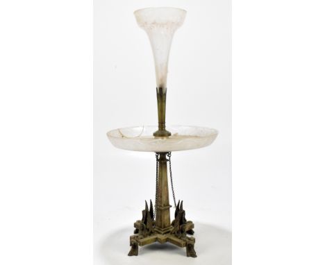 A late Victorian Egyptian Revival epergne, with frosted and cut glass single branch above the circular glass centre, under ta