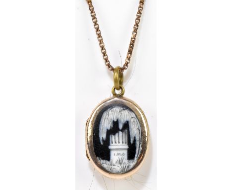 A 9ct yellow gold box link chain, suspending a yellow metal locket, with enamelled front depicting a mourning scene inscribed