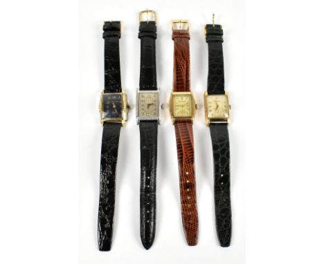 BULOVA; three gentleman's Tank style wristwatches including a stainless steel cased example, the silvered dial with Arabic nu