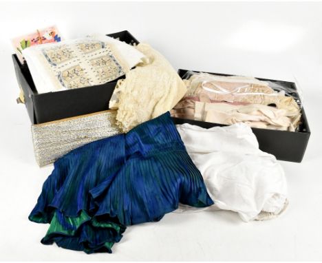 A quantity of vintage lace and other items including two Edwardian lace edged basques, a lace edged apron, a silk blouse from