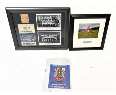 A framed montage depicting a photograph and signature of Sir Stanley Matthews, overall 29 x 28cm, and a montage of Blackpool 