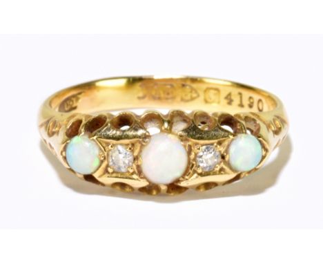 An Edwardian 18ct yellow gold opal and diamond five stone ring, Chester 1906, size O 1/2, approx 3.2g.Additional InformationH