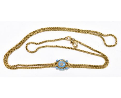 A late Victorian yellow metal necklace set with a turquoise coloured enamelled slider with rose cut diamond to each side, len