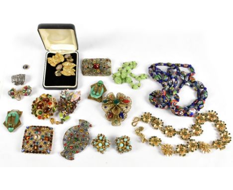 A unique collection of vintage colourful stone, glass and crystal vintage brooches with a Murano style glass bead necklace, a