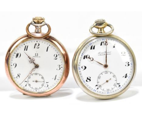 OMEGA; an 800 grade silver and yellow metal crown wind open face pocket watch, with Arabic numerals and subsidiary seconds ha