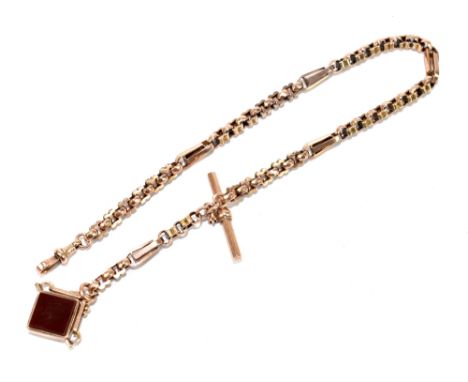 A yellow metal fancy link Albert chain and T-bar with diamond shaped bloodstone/carnelian swivel fob, length including fob 37