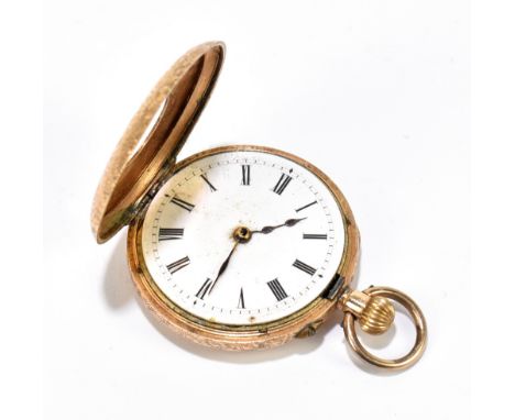 A lady's 14ct yellow gold half hunter crown wind fob watch, with remains of enamel outer dial bearing Roman numerals, the int