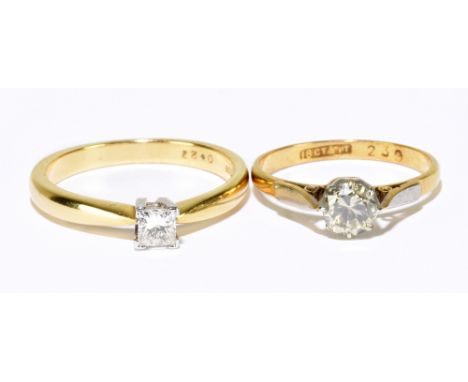 An 18ct yellow gold solitaire diamond ring with brilliant cut stone and an 18ct yellow gold princess cut diamond solitaire ri