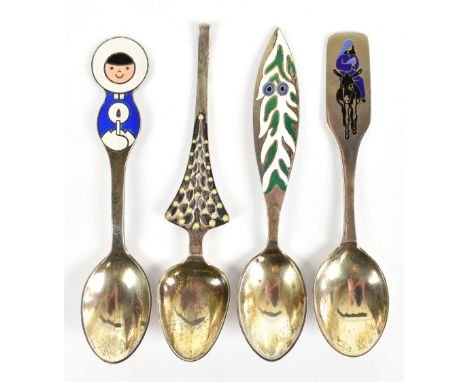 GEORG JENSEN; four silver and enamel decorated spoons, 1965, 1966, 1969 and 1970, length approx. 16.5cm, combined approx. 6oz