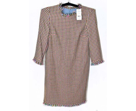 LK BENNETT; a short, fully lined blue, green, pink and brown Conilia three-quarter length sleeved tweed short dress, with fri