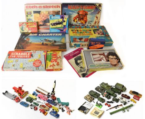 A collection of assorted vintage toys and board games including Star Trek Viewmaster slides, assorted model vehicles in Corgi