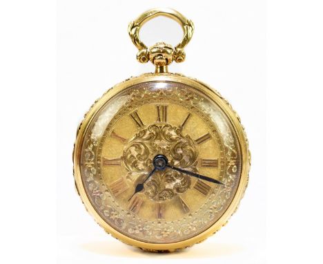 An 18ct yellow gold key wind open face pocket watch, the dial with engine turned decoration and applied sprigging set with Ro