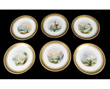 A suite of six 19th century English porcelain dessert plates each decorated with a central hand painted scene, river or seasc